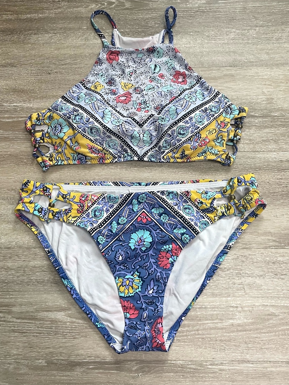 Nanette Lepore Two Piece Halter Top Swim Suit Bikini Multicolor Floral Paisley M